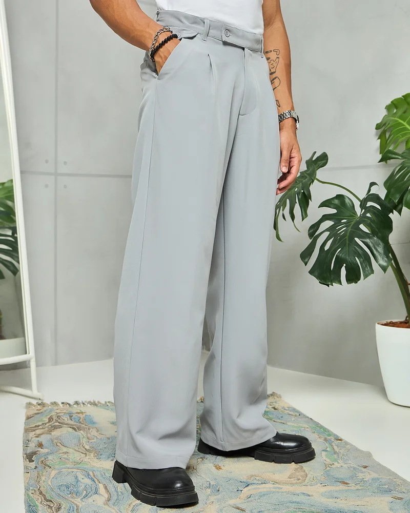 bewakoof Men's Grey Wide Leg Korean Pants